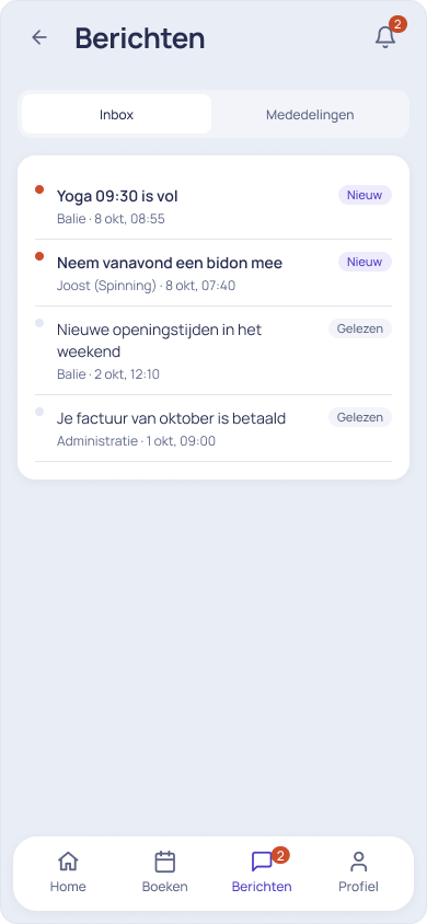 Productvoorvertoning met fictieve gegevens: Berichten (M08). Fictieve berichten; er is niets verstuurd of afgeleverd.