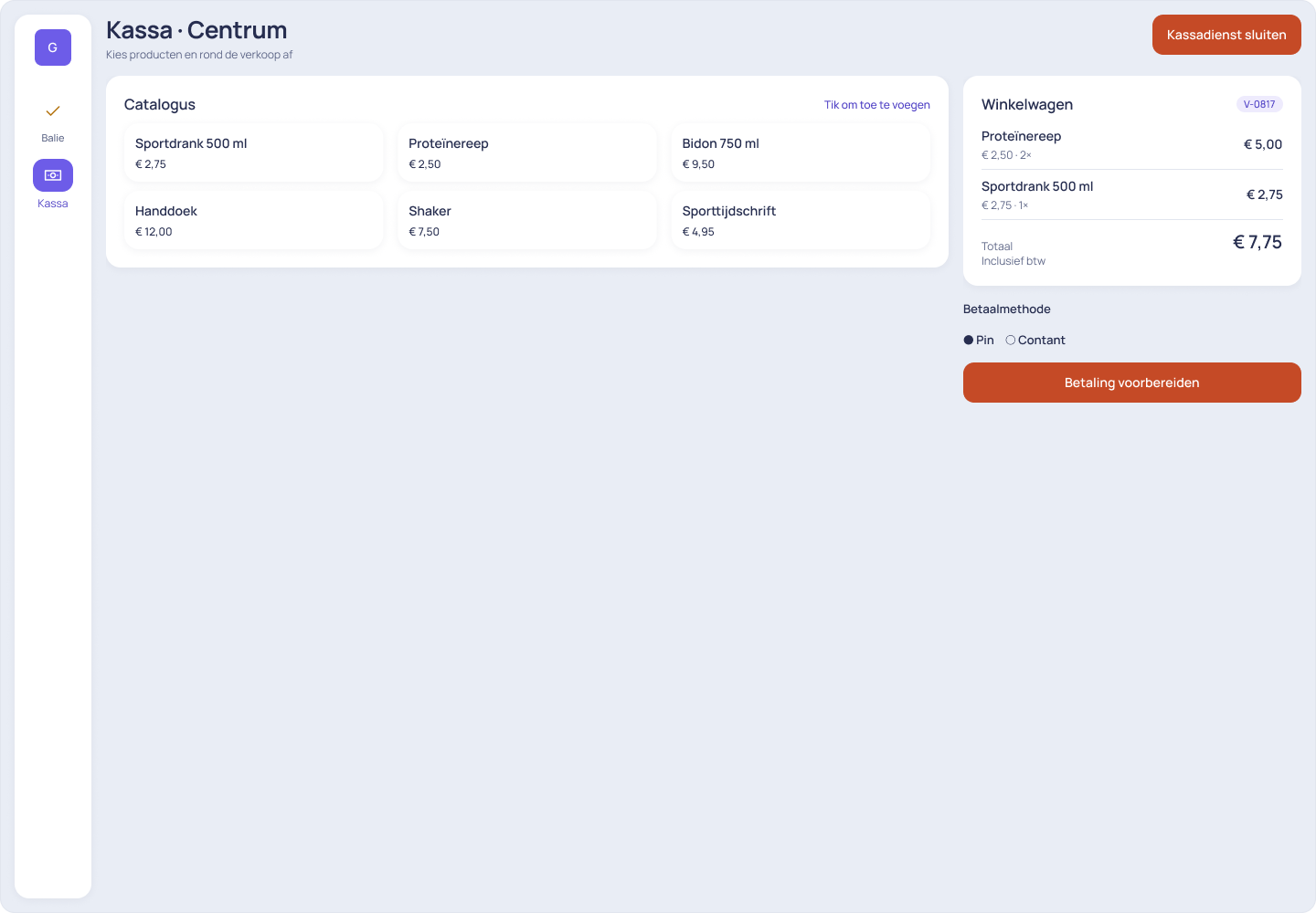 Productvoorvertoning met fictieve gegevens: Kassa desktop (P01) · gepland, niet beschikbaar
